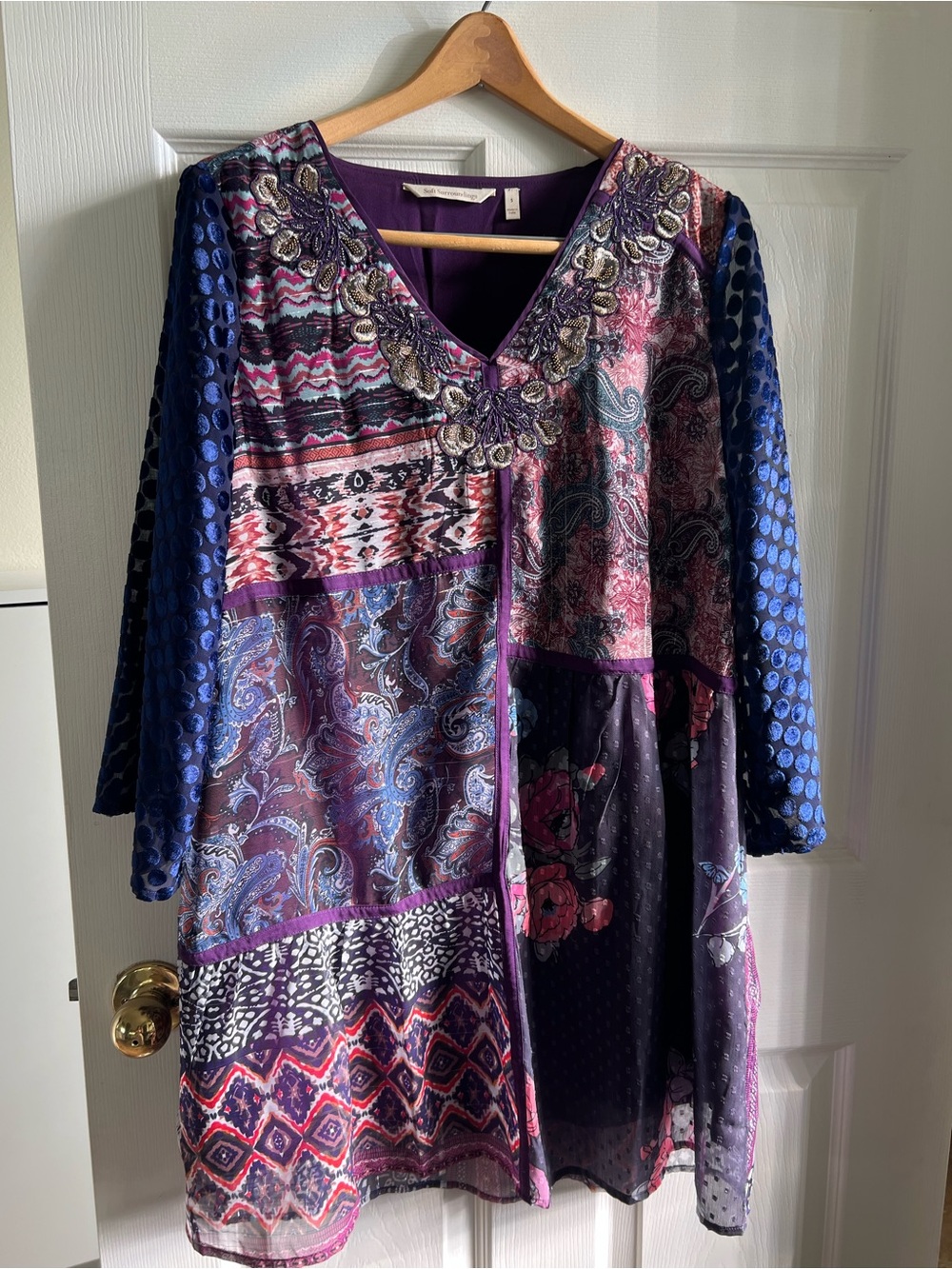 Soft Surroundings Purple & Blue Patchwork Embellished Tunic